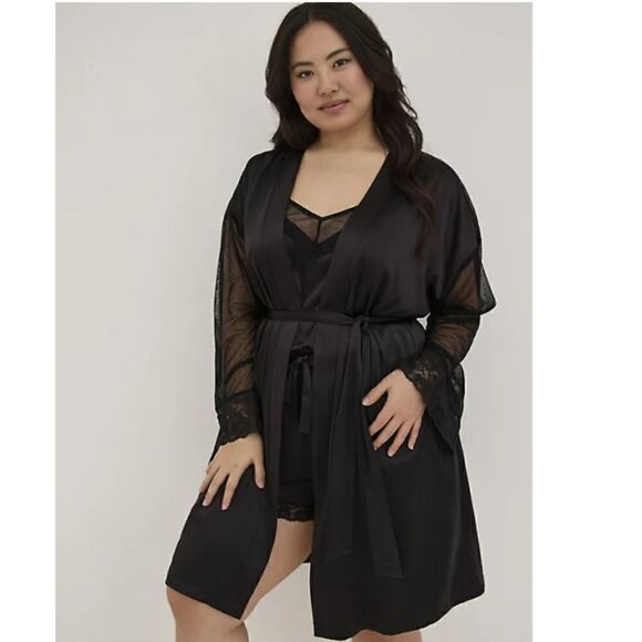 Lace Trim Sleep Robe - Dream Satin Black - Picture 2 of 5